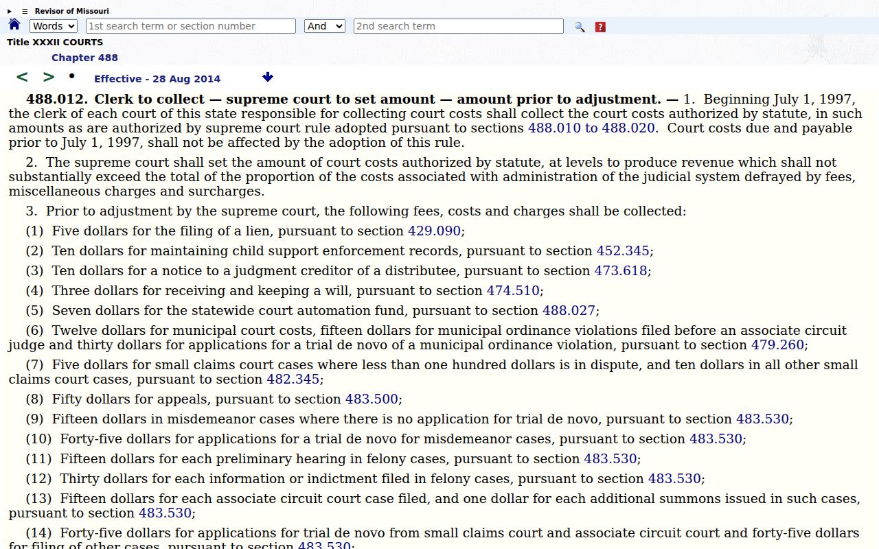 Butler County civil docket copy fees and Missouri court fee record