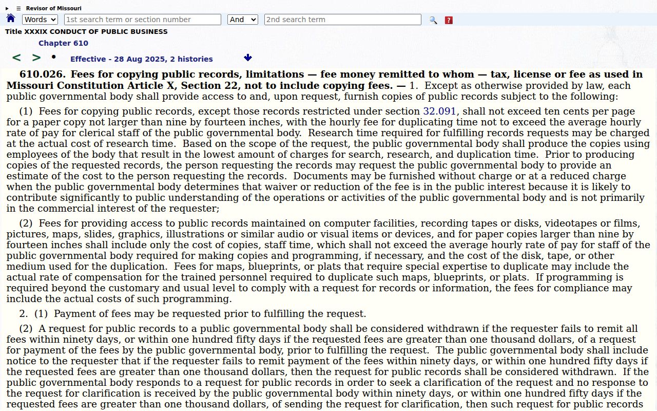 Butler County court records image of Missouri copying-fee statute