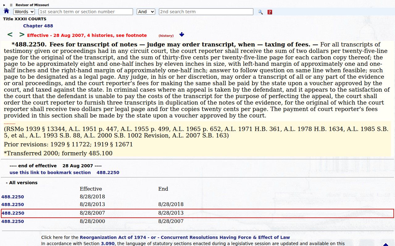 Butler County court records image of Missouri transcript fee statute