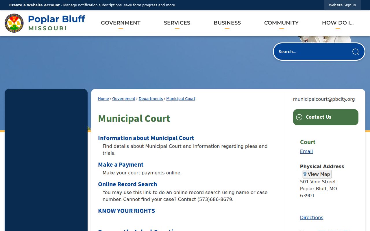Butler County traffic court records image of Poplar Bluff Municipal Court page